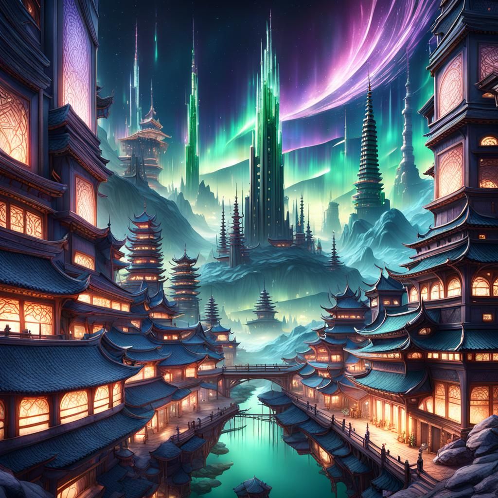 Asian Fantasy Cityscape with Northern Lights