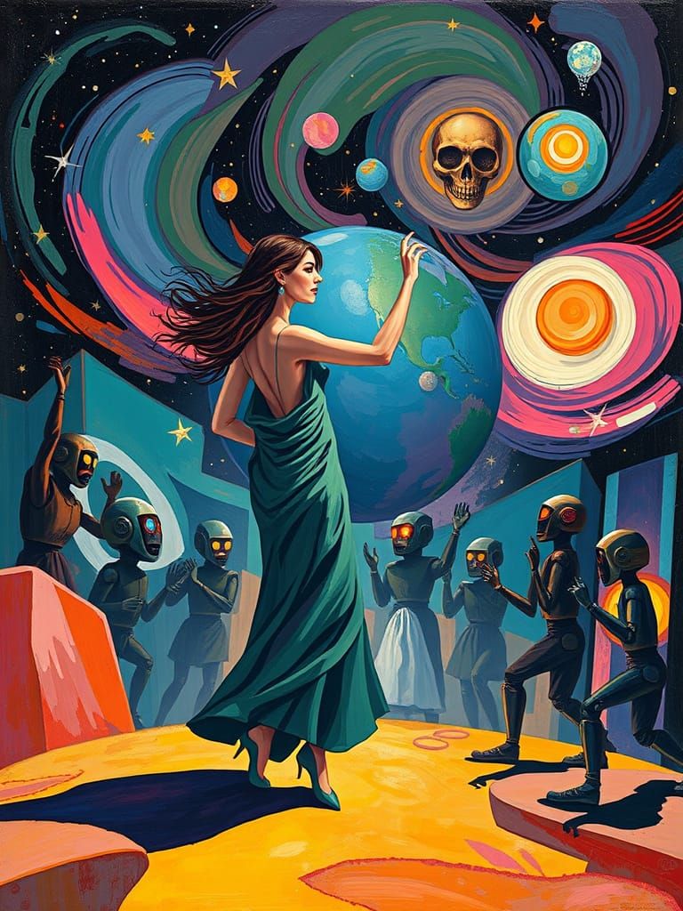 Dancing Woman on Planet in Cubist Picasso Style