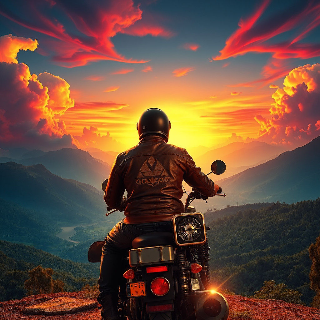 Biker Silhouette with Ethereal Clouds
