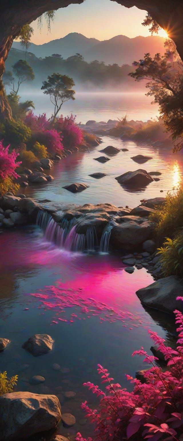 Biophilic Sunset: Vibrant Magenta Mists and Waters