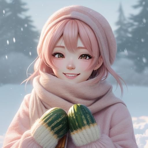 Cute Cucumber Baby Plays in Snow: Anime 3D Art