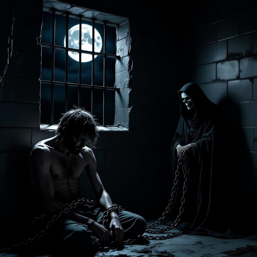 Death Stands Vigil Over Despairing Prisoner in Grimy Cell