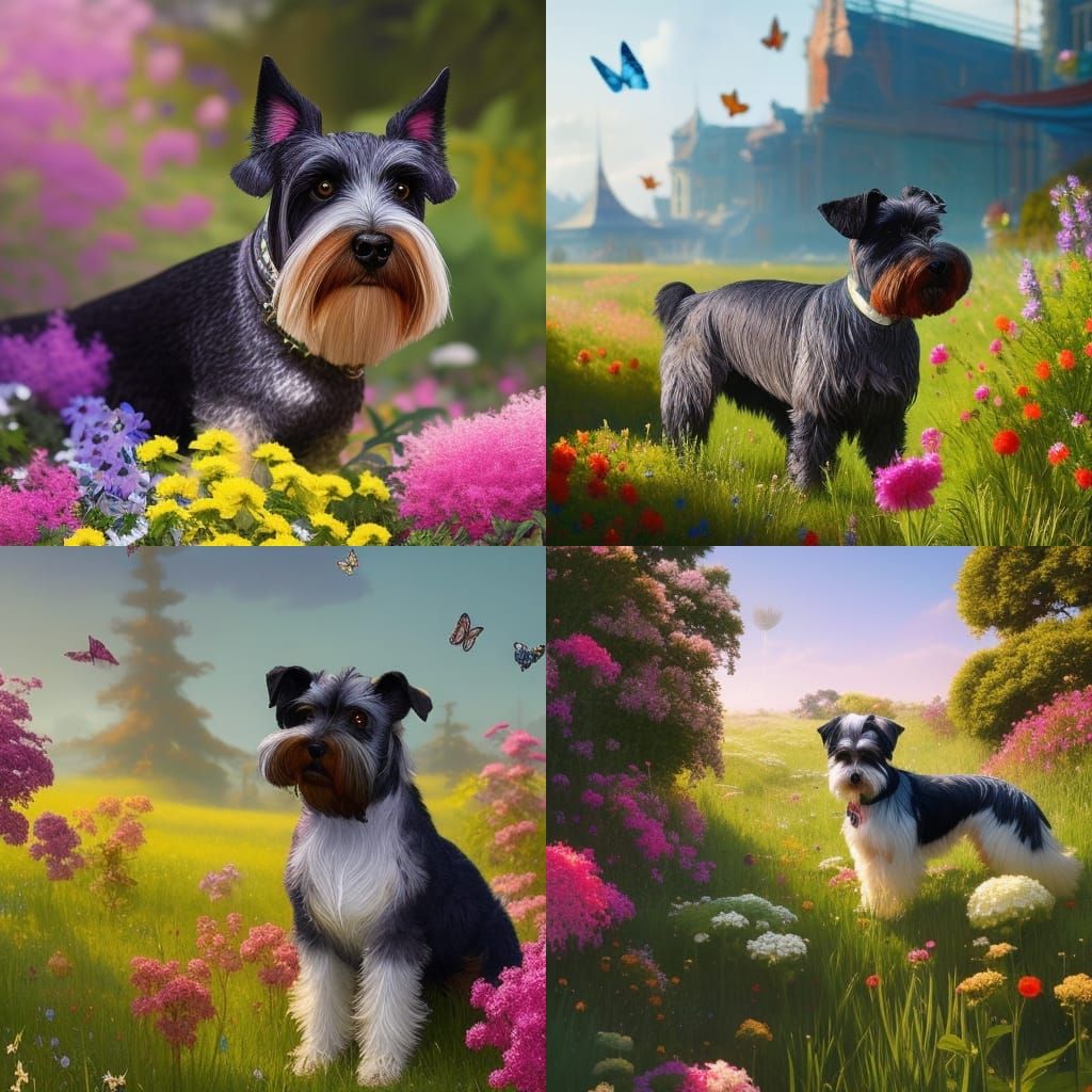 Derpy Schnauzer in Flower Garden, Digital Art