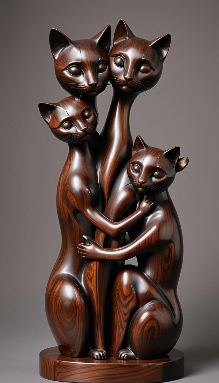Stylized Rosewood Sculpture of Mother Cat with Kittens