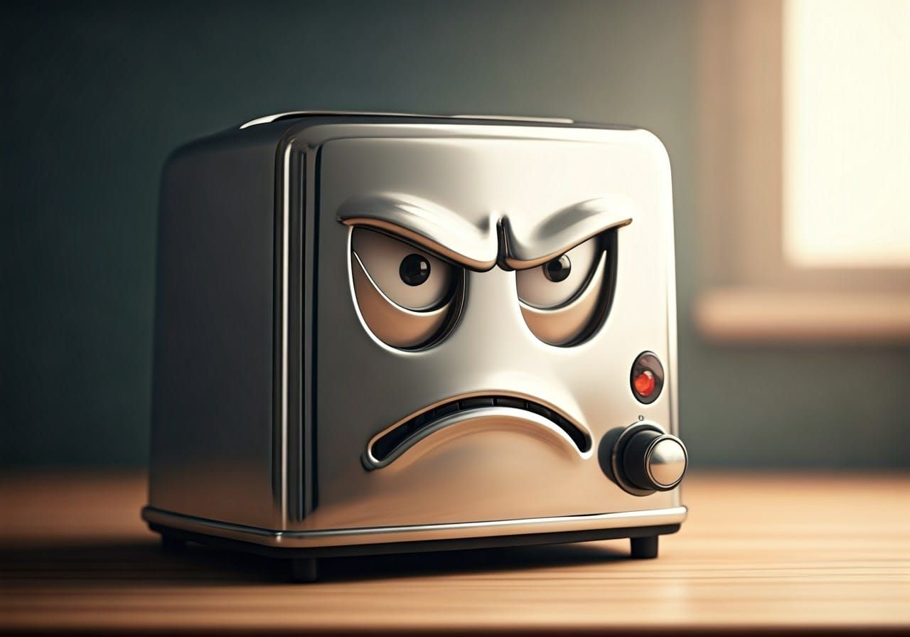 Surreal Chrome Toaster with a Moody Face in Flux Style