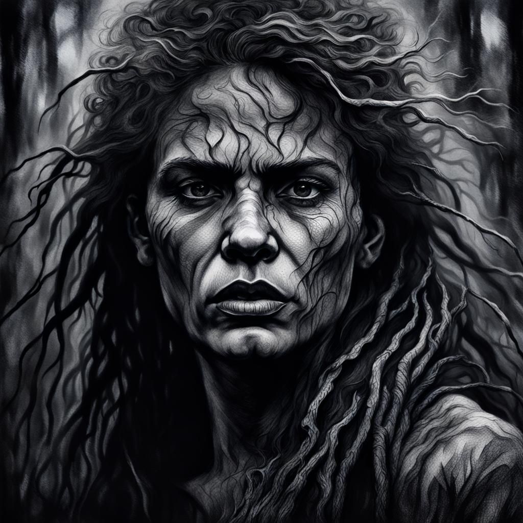 Fierce Woman in Forest: Hyperrealistic Charcoal Portrait