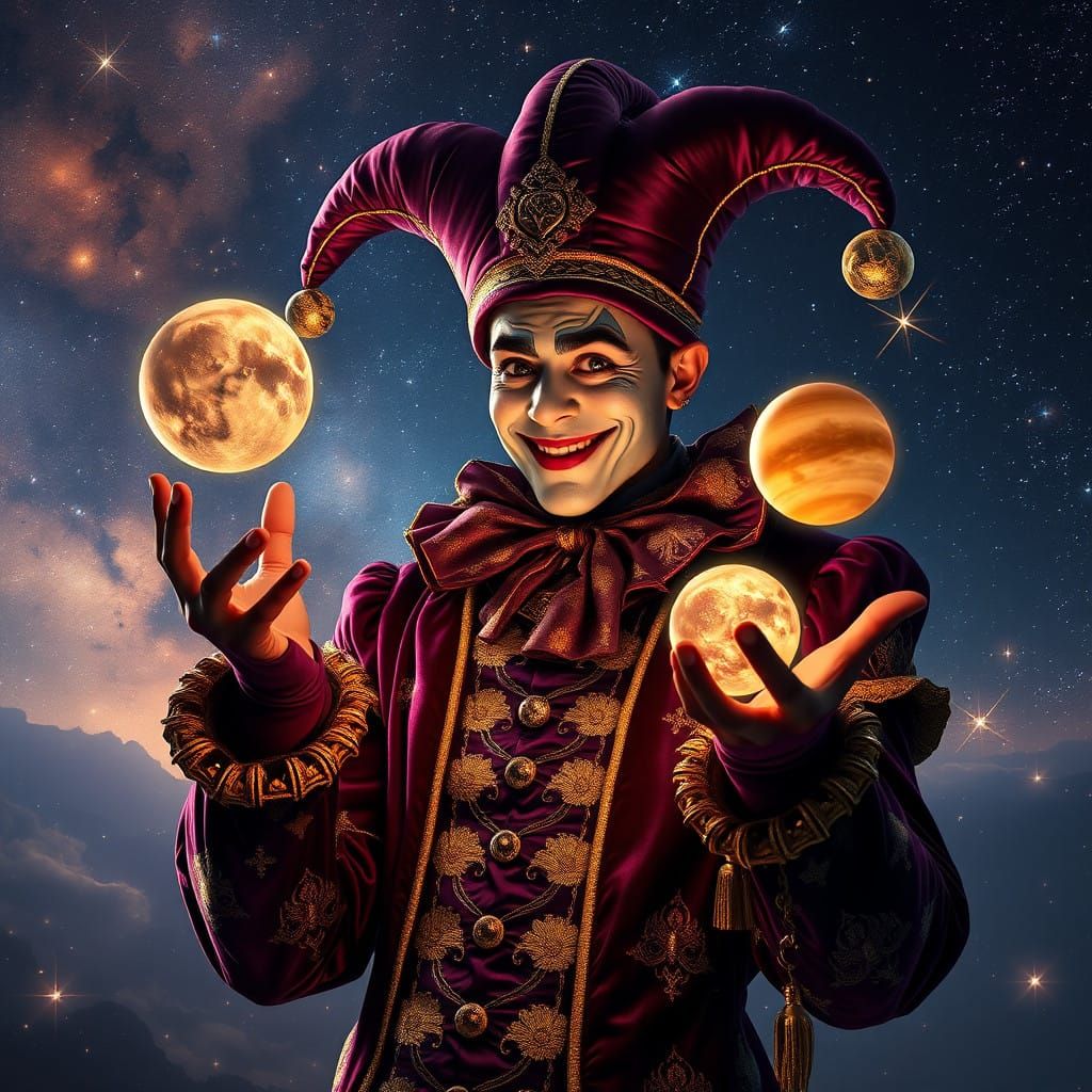 A Jester's Cosmic Dance in Vibrant Velvet
