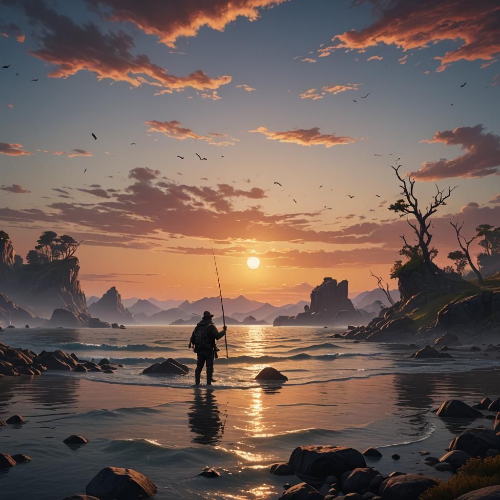 Sunset Fishing: Detailed Matte Painting in Deep Color