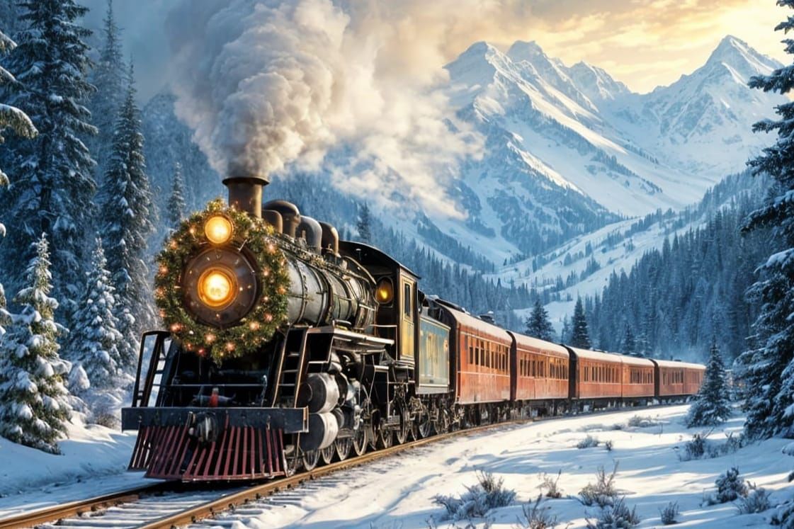 Vintage Train Through Snowy Mountains in Painterly Style