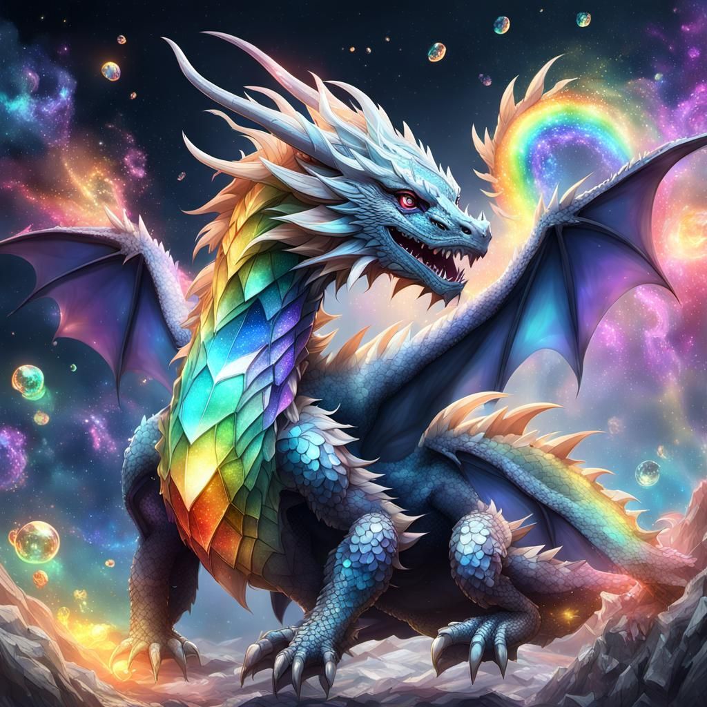 Rainbow Crystal Dragon with Galaxy Background in 3D Anime Ar...