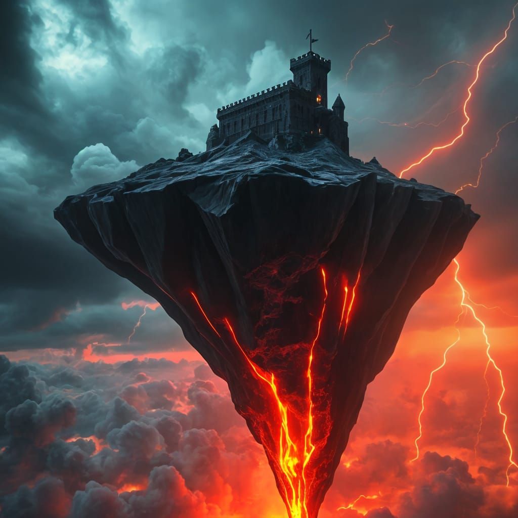 Massive Sky Island with Gothic Fortress and Lava