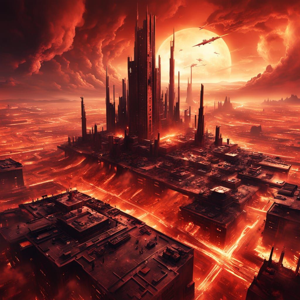 Futuristic Desert Cityscape Under Burning Sky