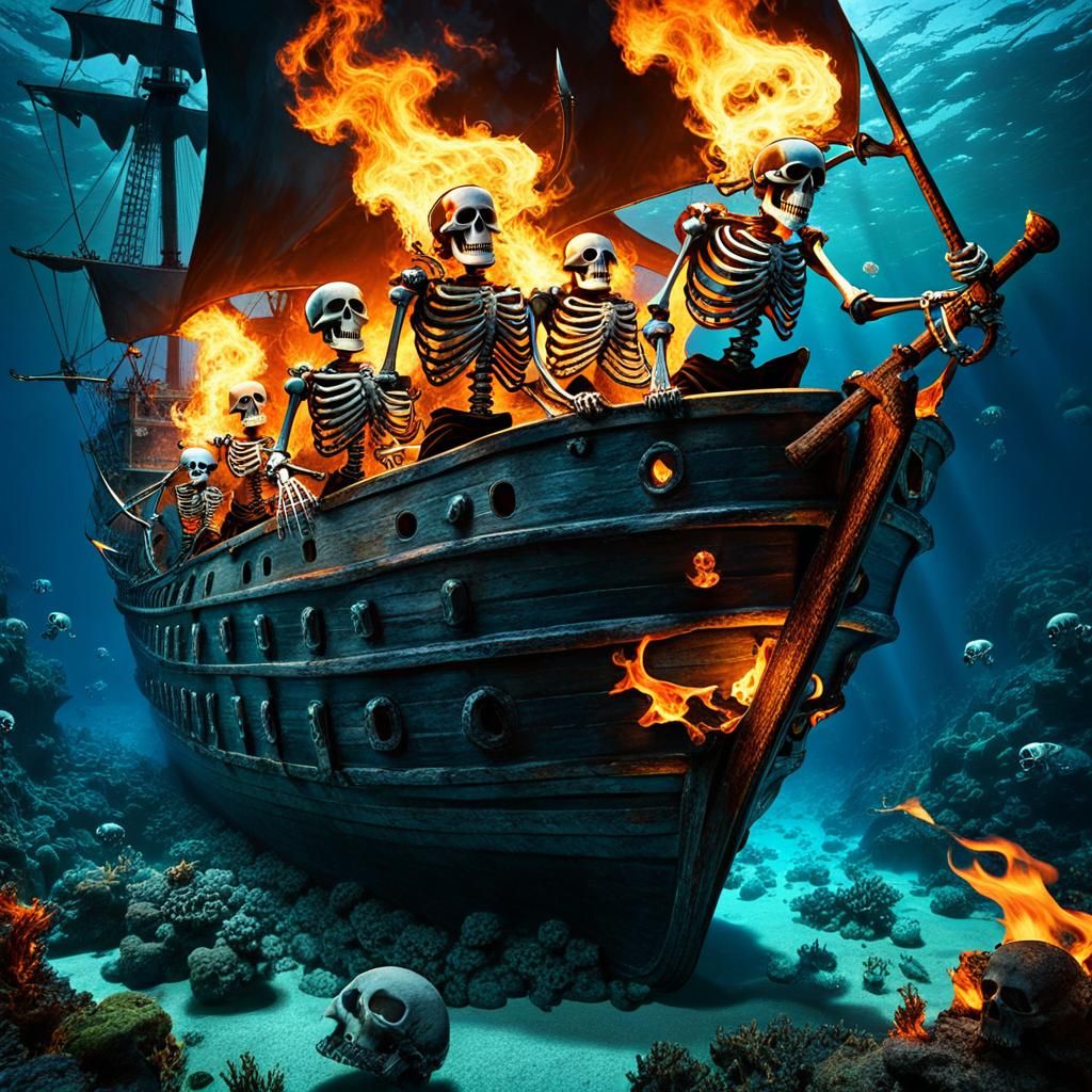 Flaming Skeleton Ghost Pirates Underwater Shipwreck