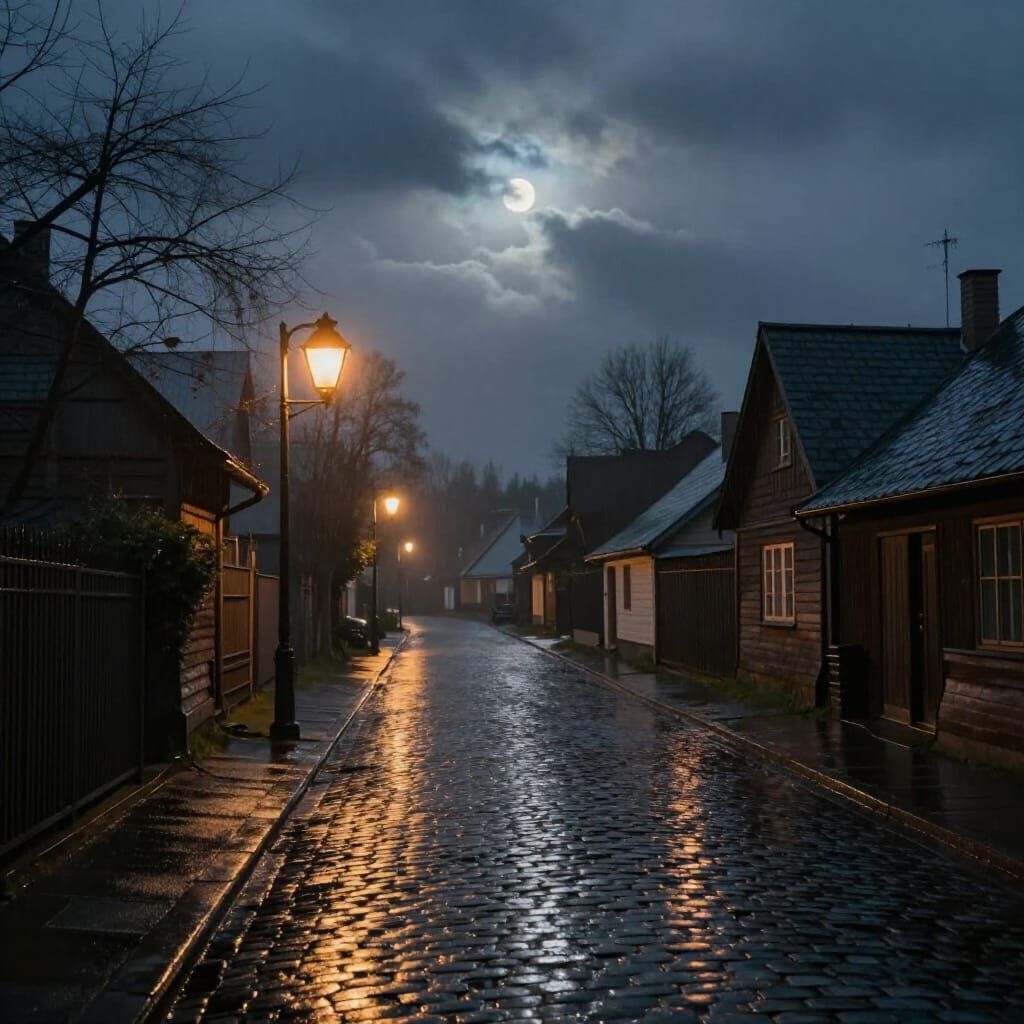 Rainy Village with Moonlit Clouds in Art Nouveau Style