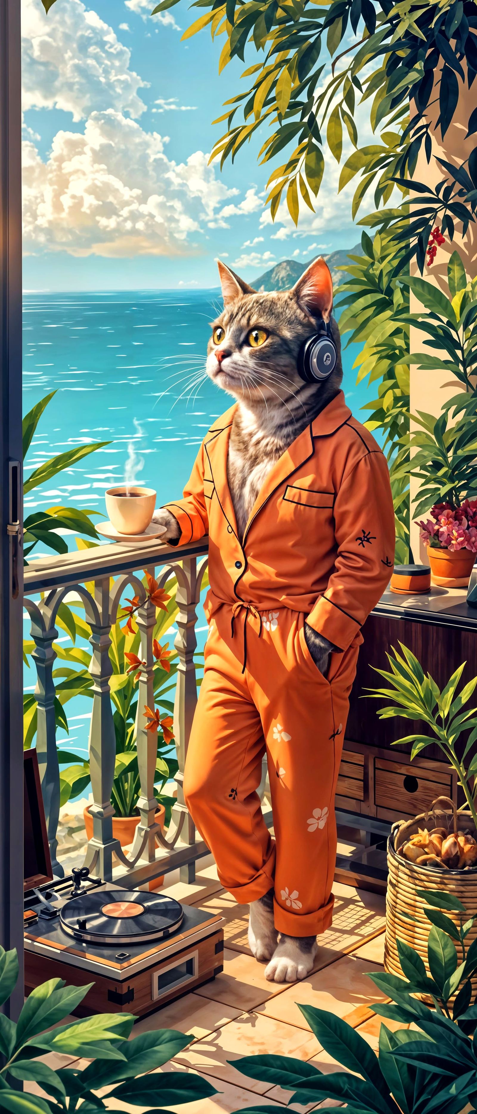 Elegant Cat Doing Yoga on Terrace, Digital Art