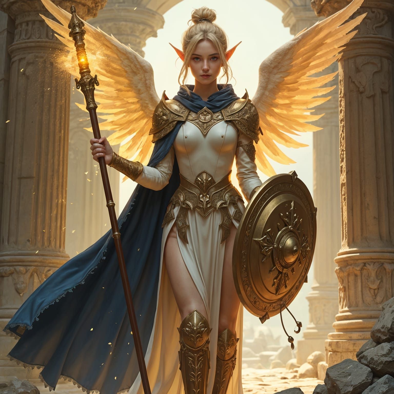 Elven Priestess with Wings in Temple Ruins