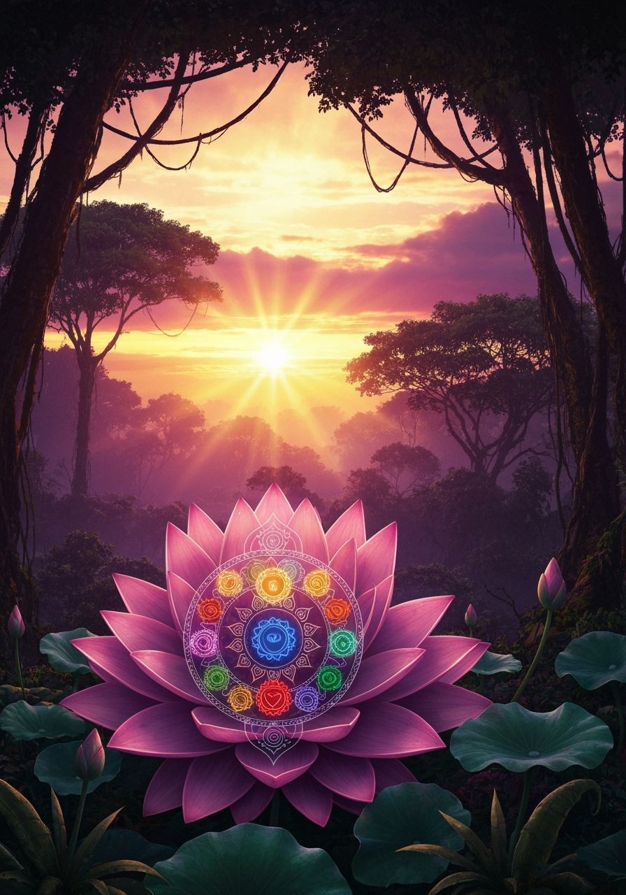 Vibrant Lotus Blooms in Amazon Sunrise, Mandala & Chakras