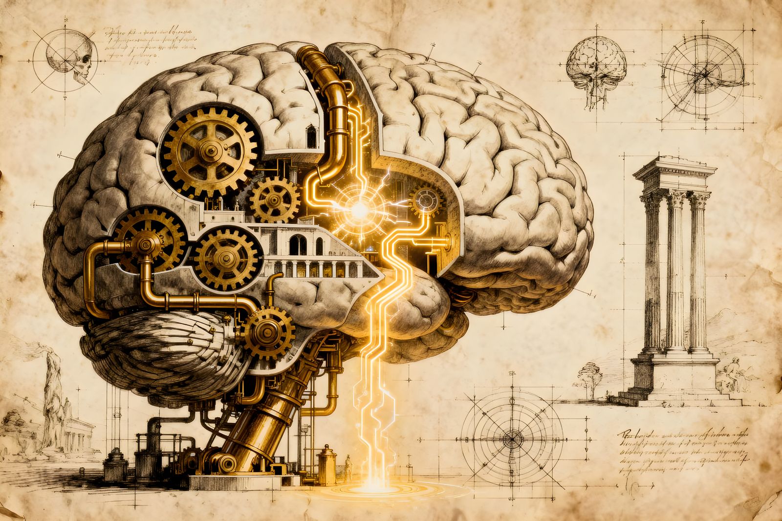 Mechanical Brain Cross-Section in Da Vinci Style