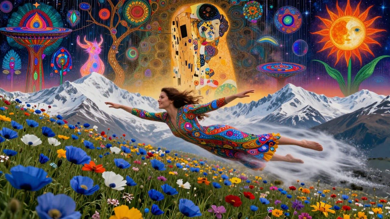 Surreal Woman Flying Over Snowy Mountains in Wildflower Fiel...