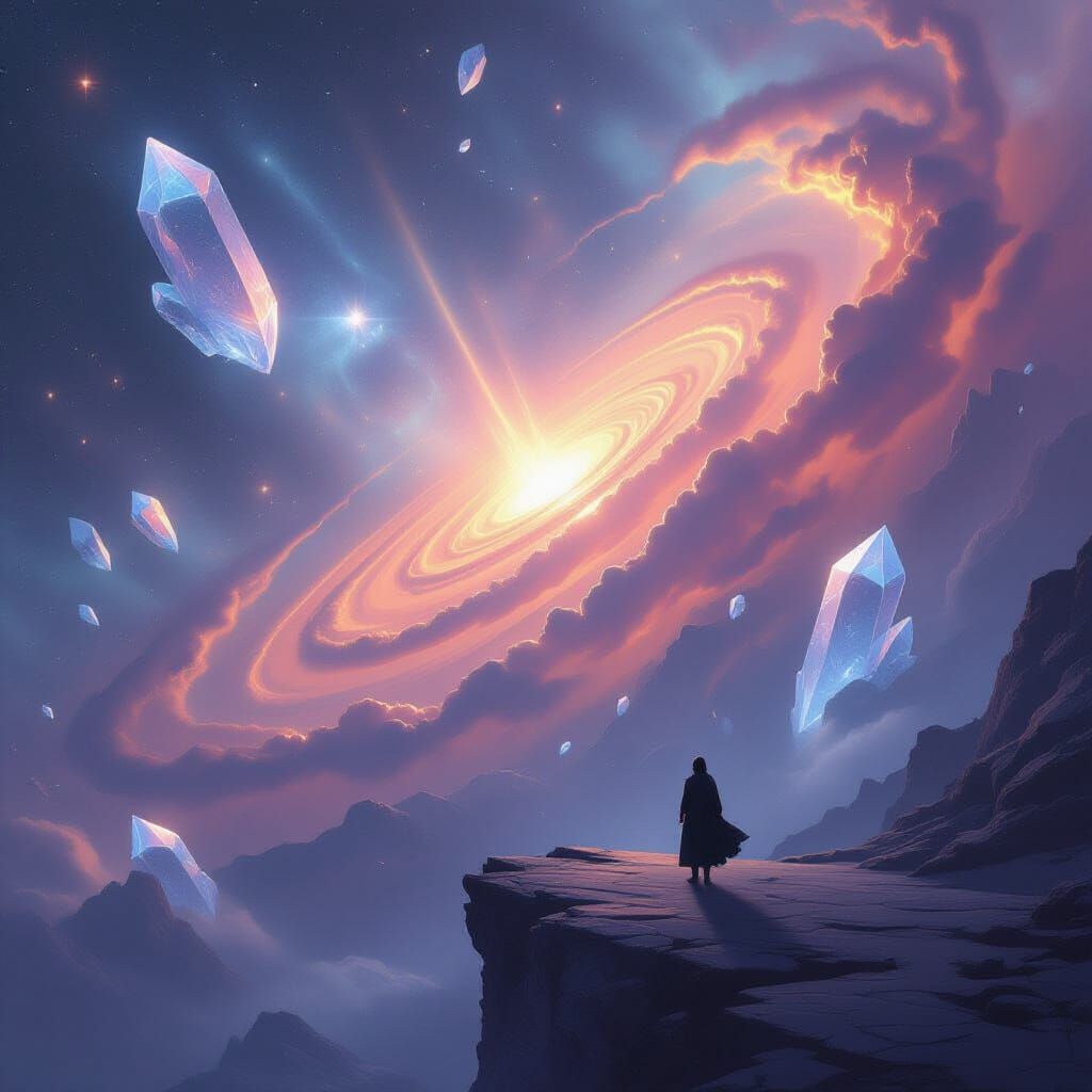 Cosmic Spectacle: Figure on Precipice Overlooking Nebula