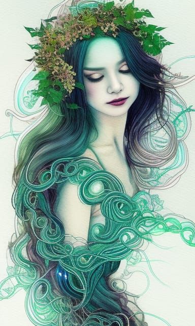 Pixel Woman with Iridescent Curls in Watercolor Style