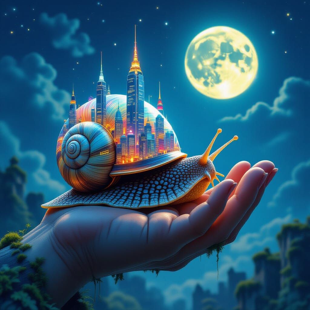 Snail Cityscape Shell Crawling Towards the Moon