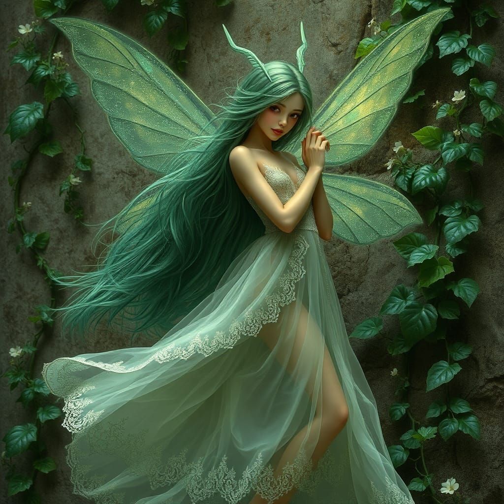 Emerald Fairy in Lush Sci-Fi Setting