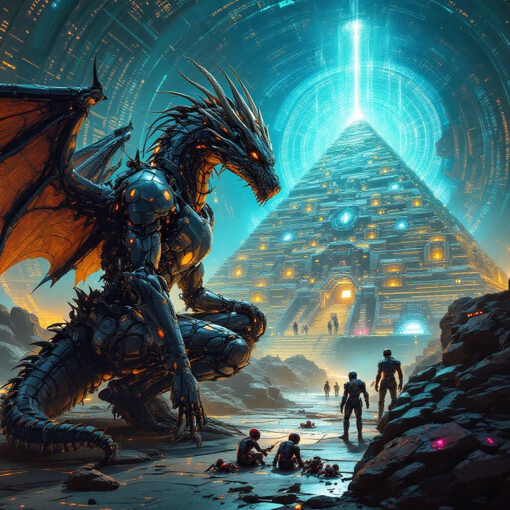 Cybernetic Dragon Inspects Android Pyramid