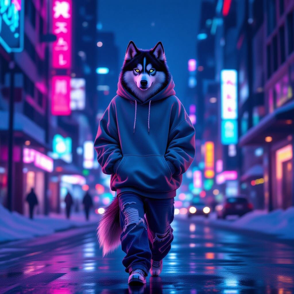 Cyberpunk Alaskan Malamute in Anime Style