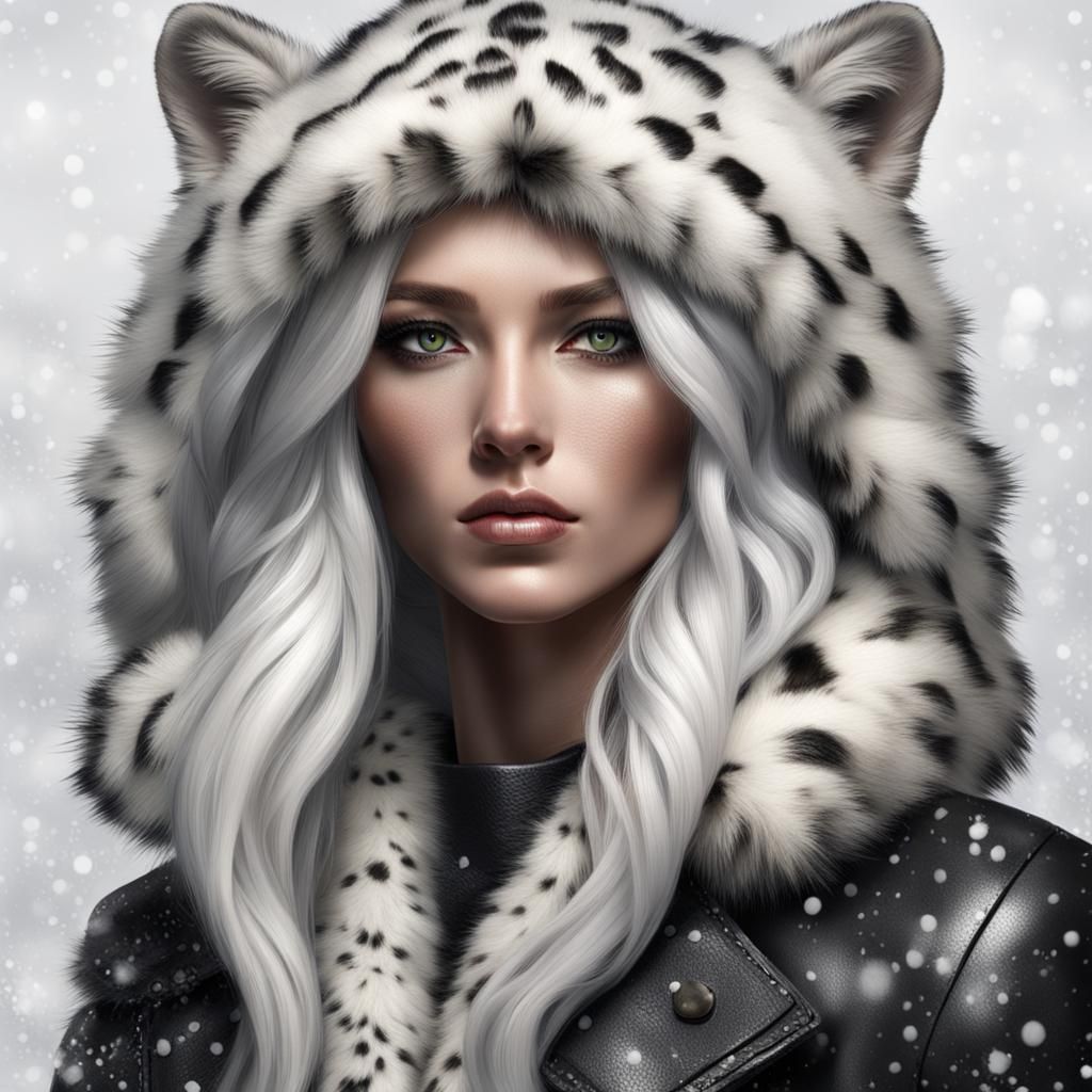 Hyperrealistic Woman with Snow Leopard Fur and White Hair