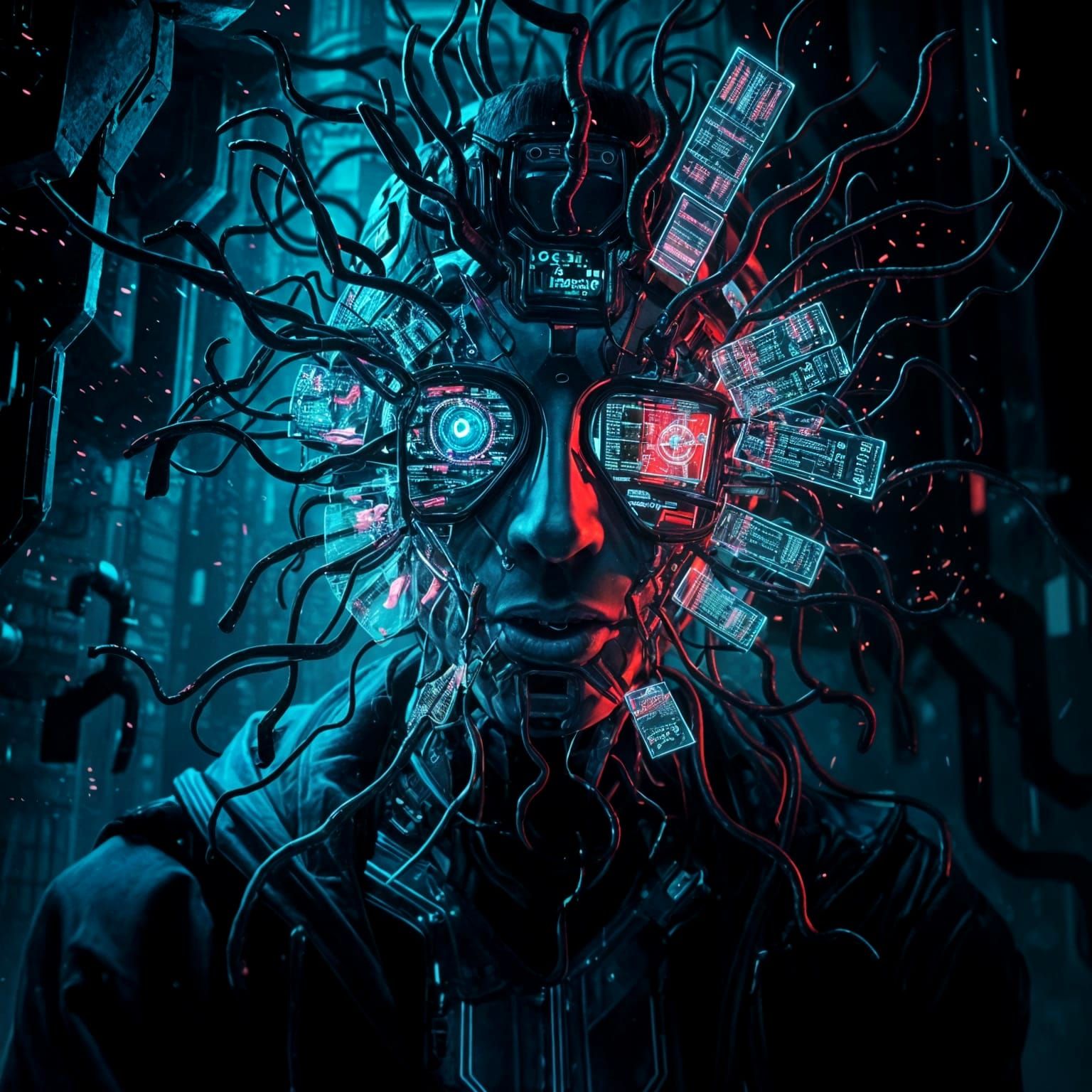 Cyberpunk Hacker Body Overrun by Virus in Glitch Horror Styl...