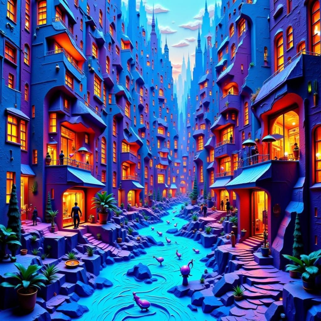 Abstract Cityscape of Fishing Hook Buildings with Liquid Lig...