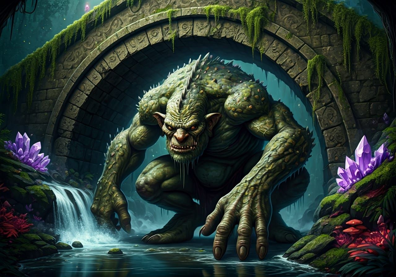 Menacing Troll Under Crumbling Stone Bridge