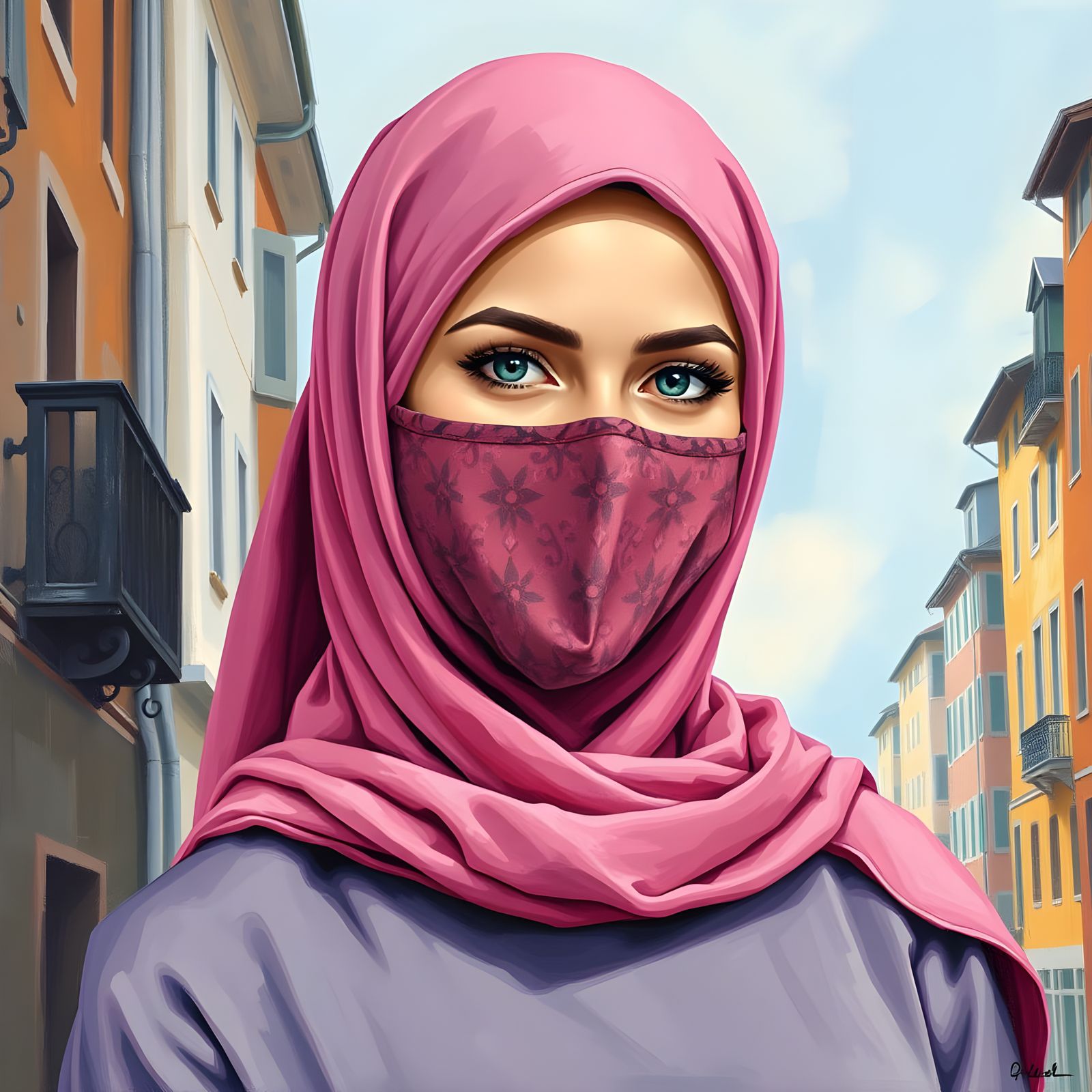 A Lovely Hijabi Woman in a Vibrant City Landscape, in Oil-Gu...