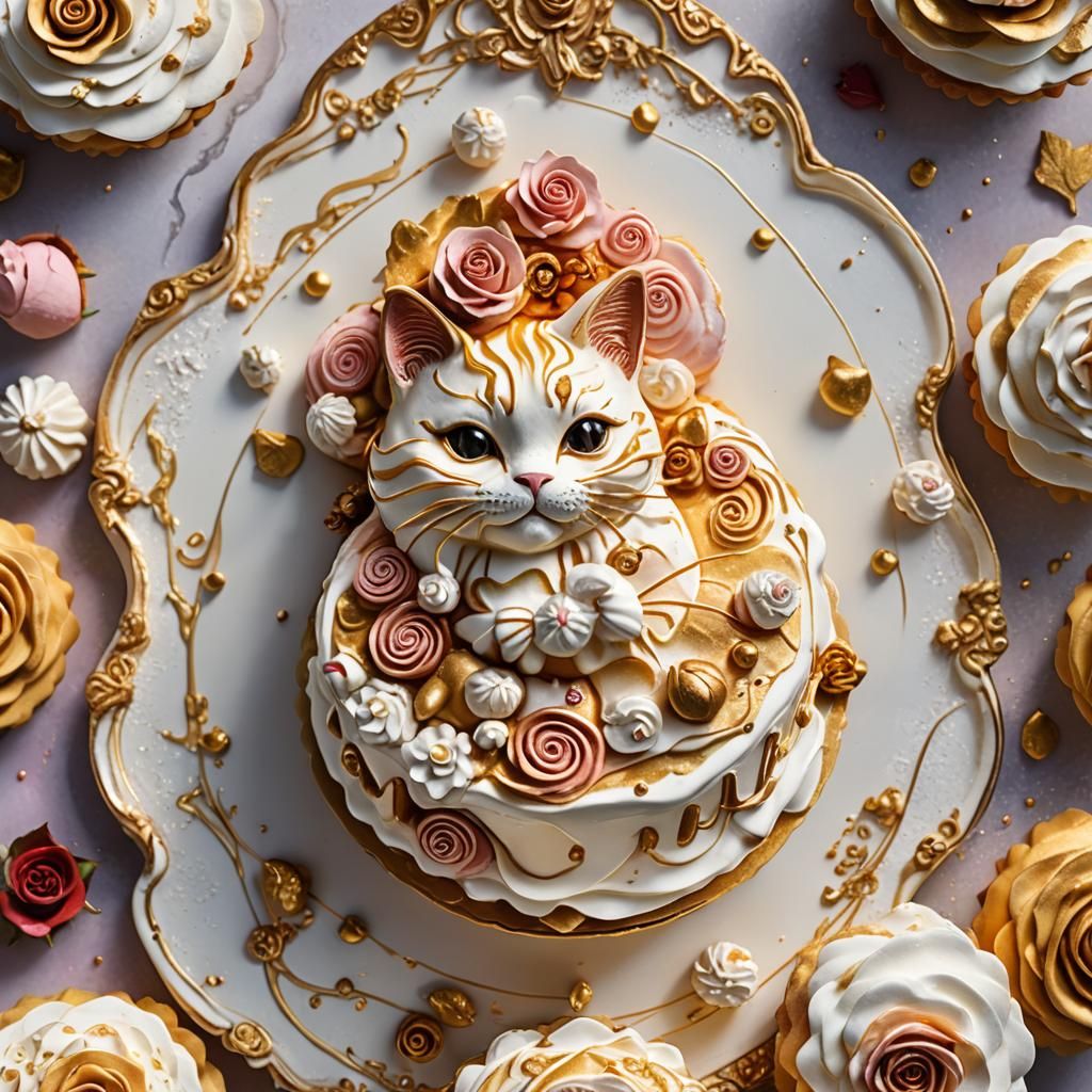 Cat Cake with Rose-Gold Meringues, Fantasy Concept Art