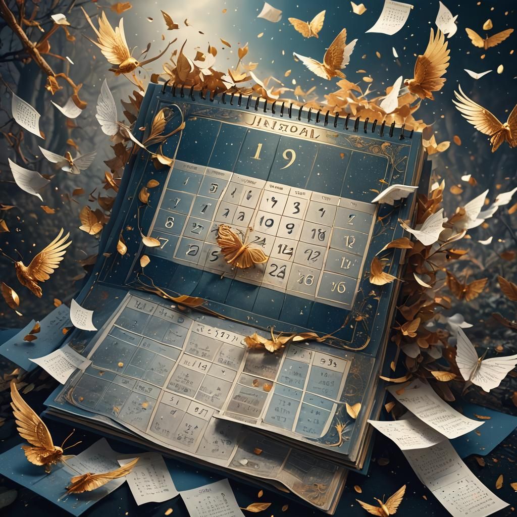 A calendar with flying pages on a wing of a prayer