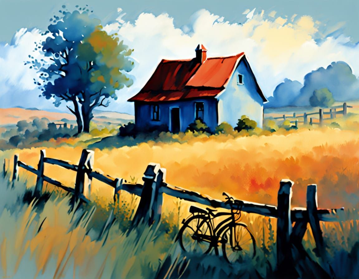 Rural Farmhouse in Copper and Gold Watercolour