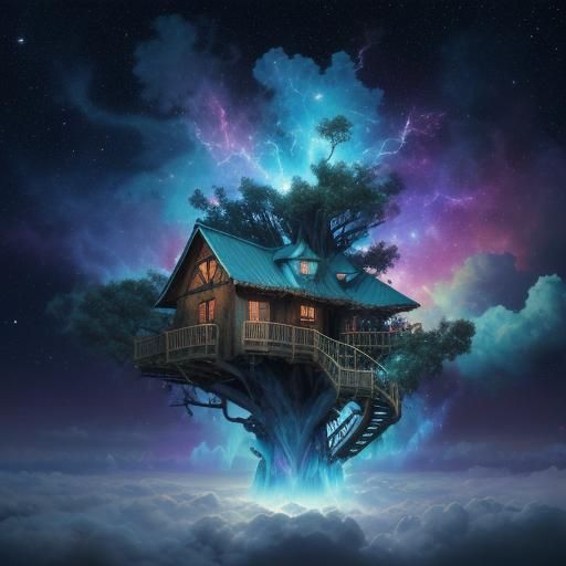 Cosmic Treehouse in Astral Illustration Style