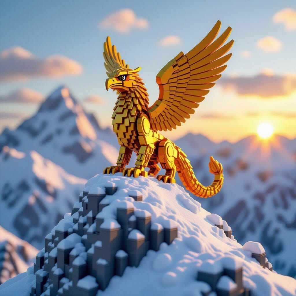 Golden LEGO Griffin on Snowy Mountain