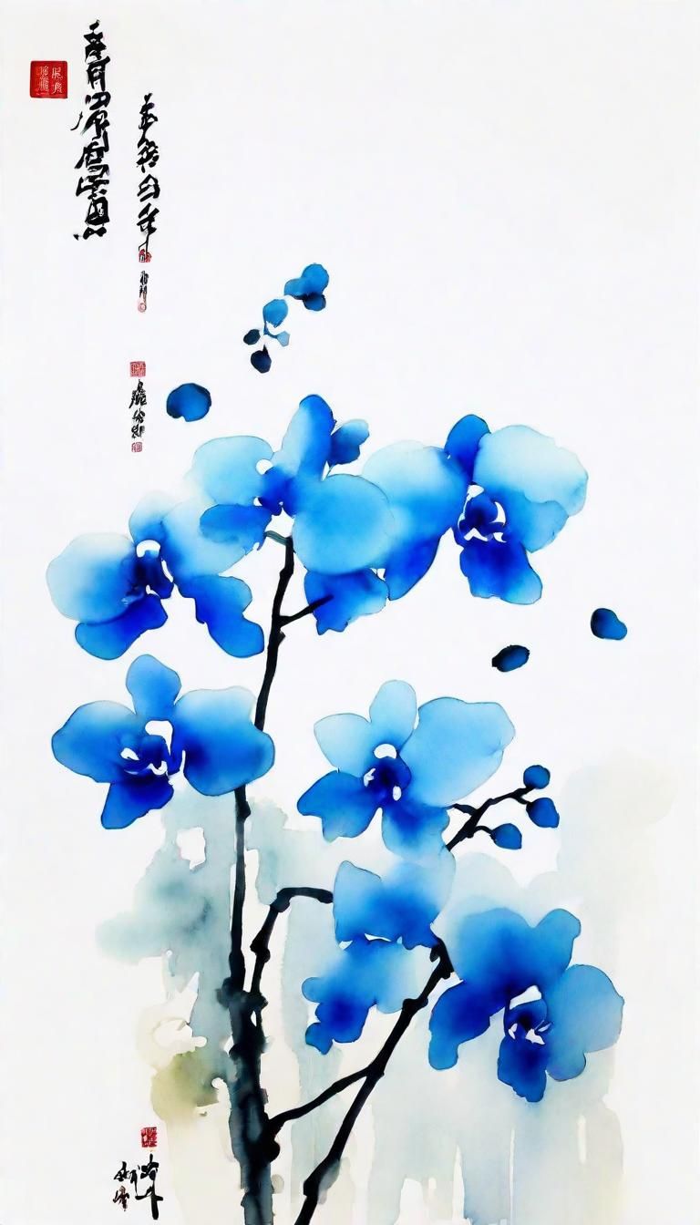 Blue Orchid Flowers in Abstract Chinese Watercolor
