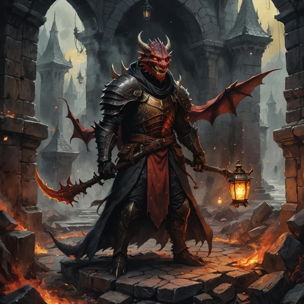 Hooded Red Dragonborn in Dark Fantasy Art