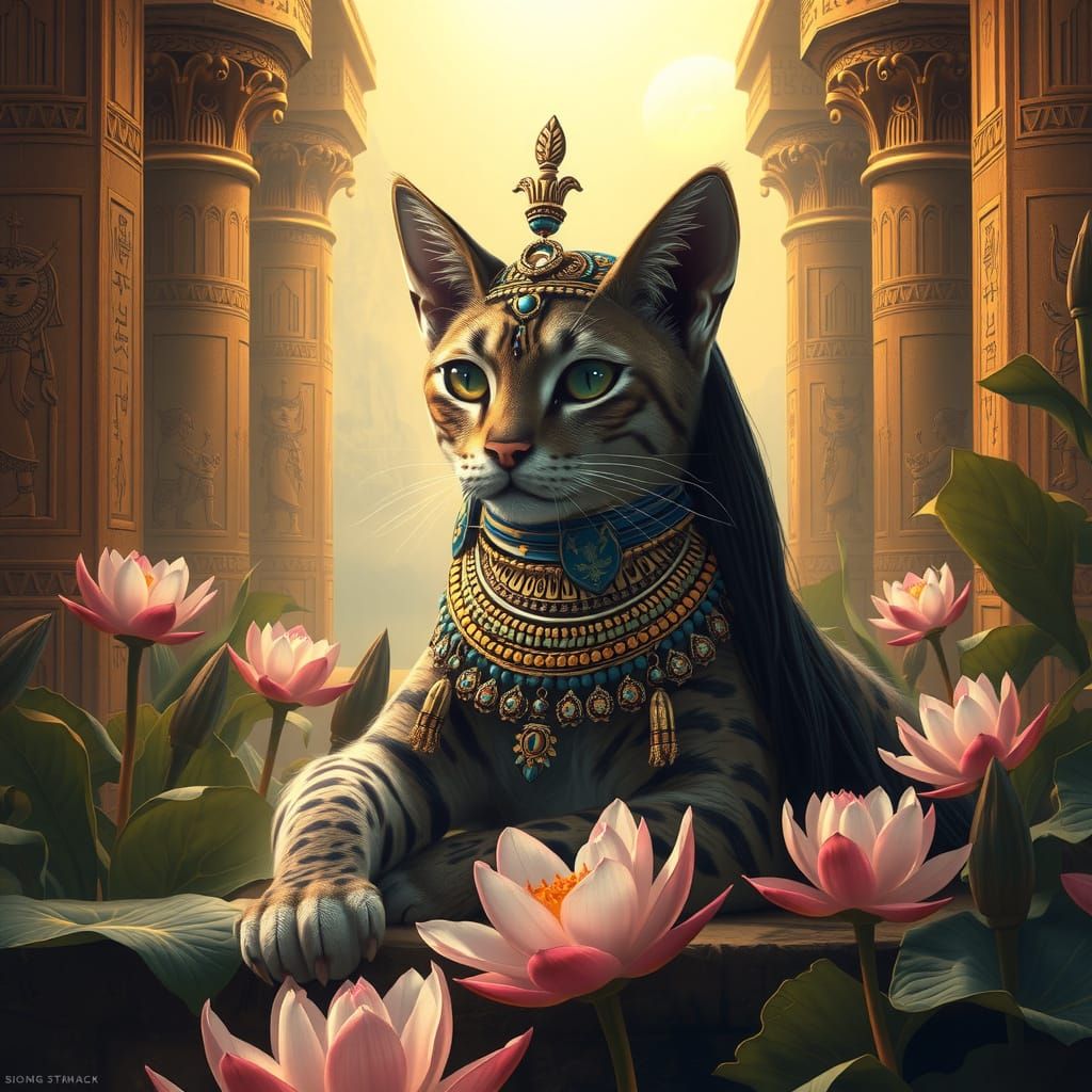 Egyptian Goddess Feline Priestess of Bast in Golden Temple