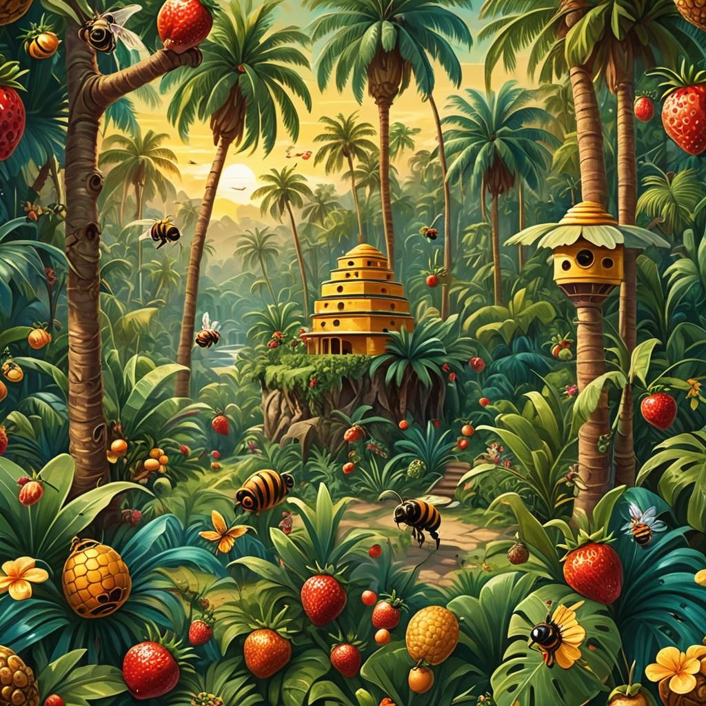 Buzzing Fantasy Landscape with Musical Monkeys