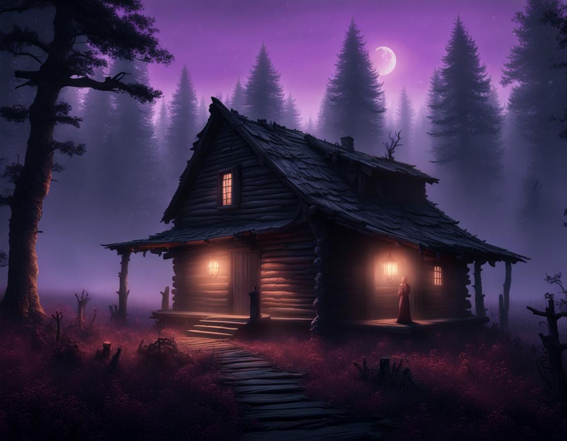 Ethereal Dark Fantasy Cabin in Misty Woods