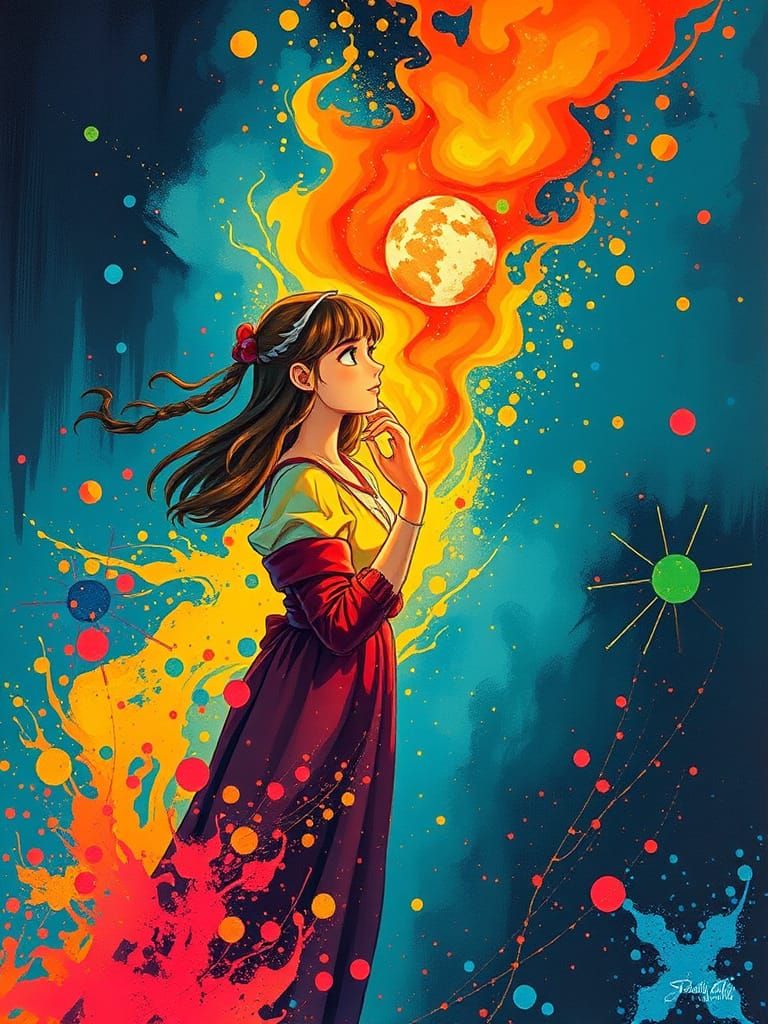 Fiery Heart and Wooden Figure in Studio Ghibli Style