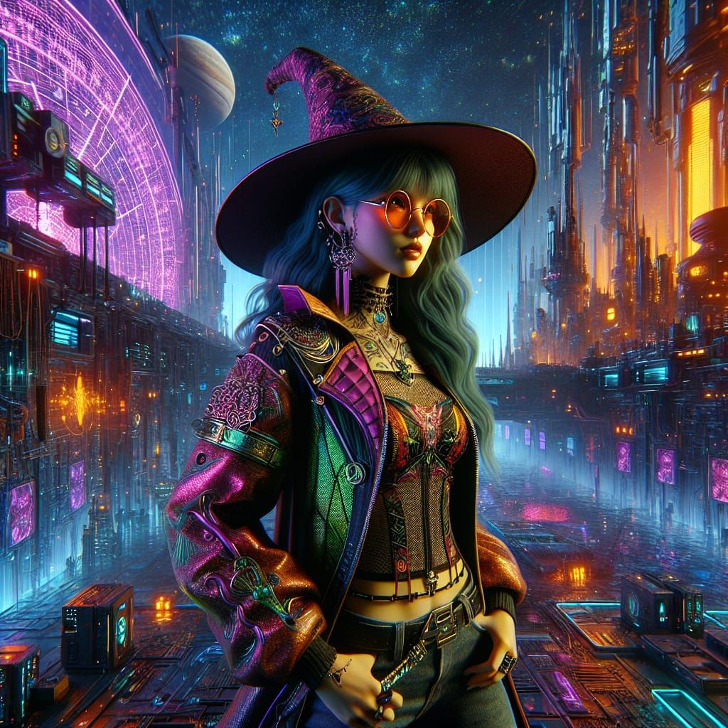 Cyberpunk Witch in a Futuristic Alien Colony