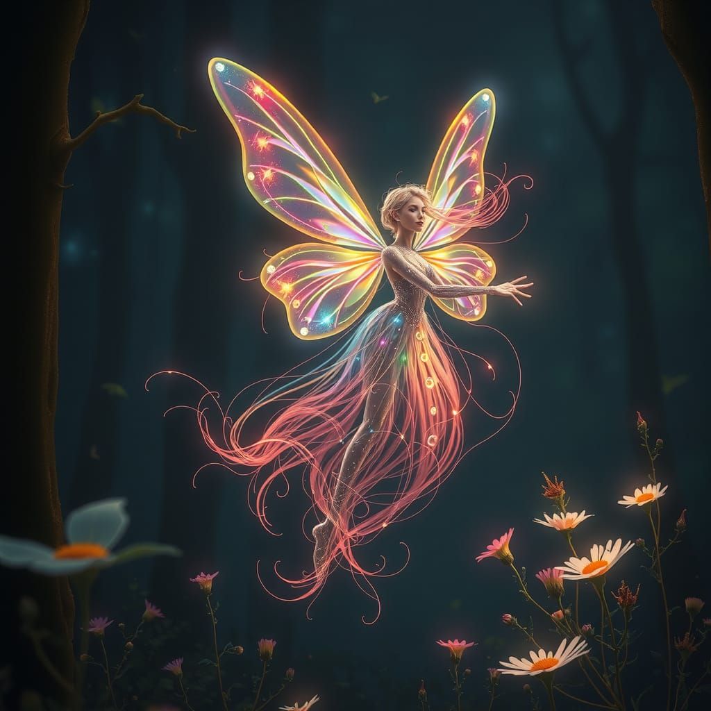 Luminous Rainbow Filament Fairy in a Dark Forest