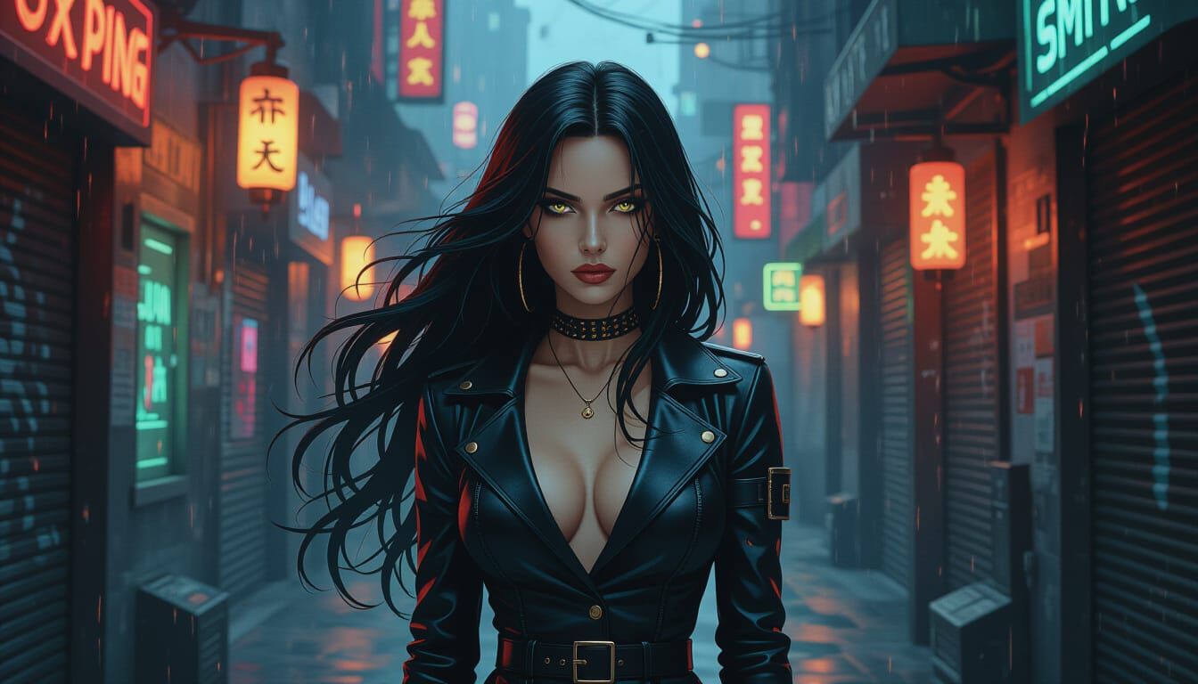 Druuna in Noir Sci-Fi Alley with Holographic Lights