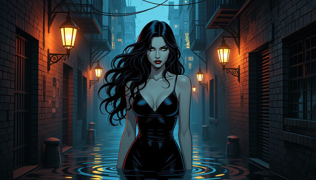 Enigmatic Woman in Noir Sci-Fi Alley