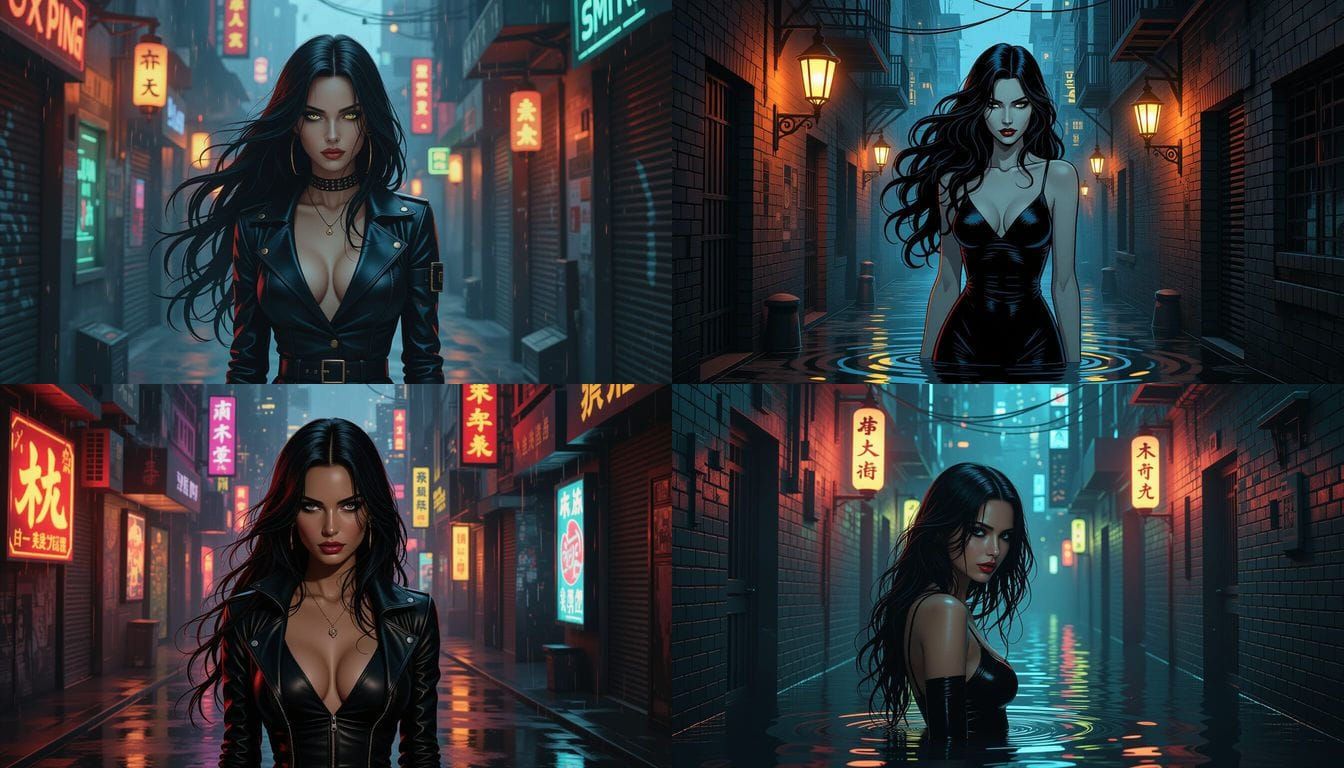 Druuna in Noir Sci-Fi Alley with Holographic Lights